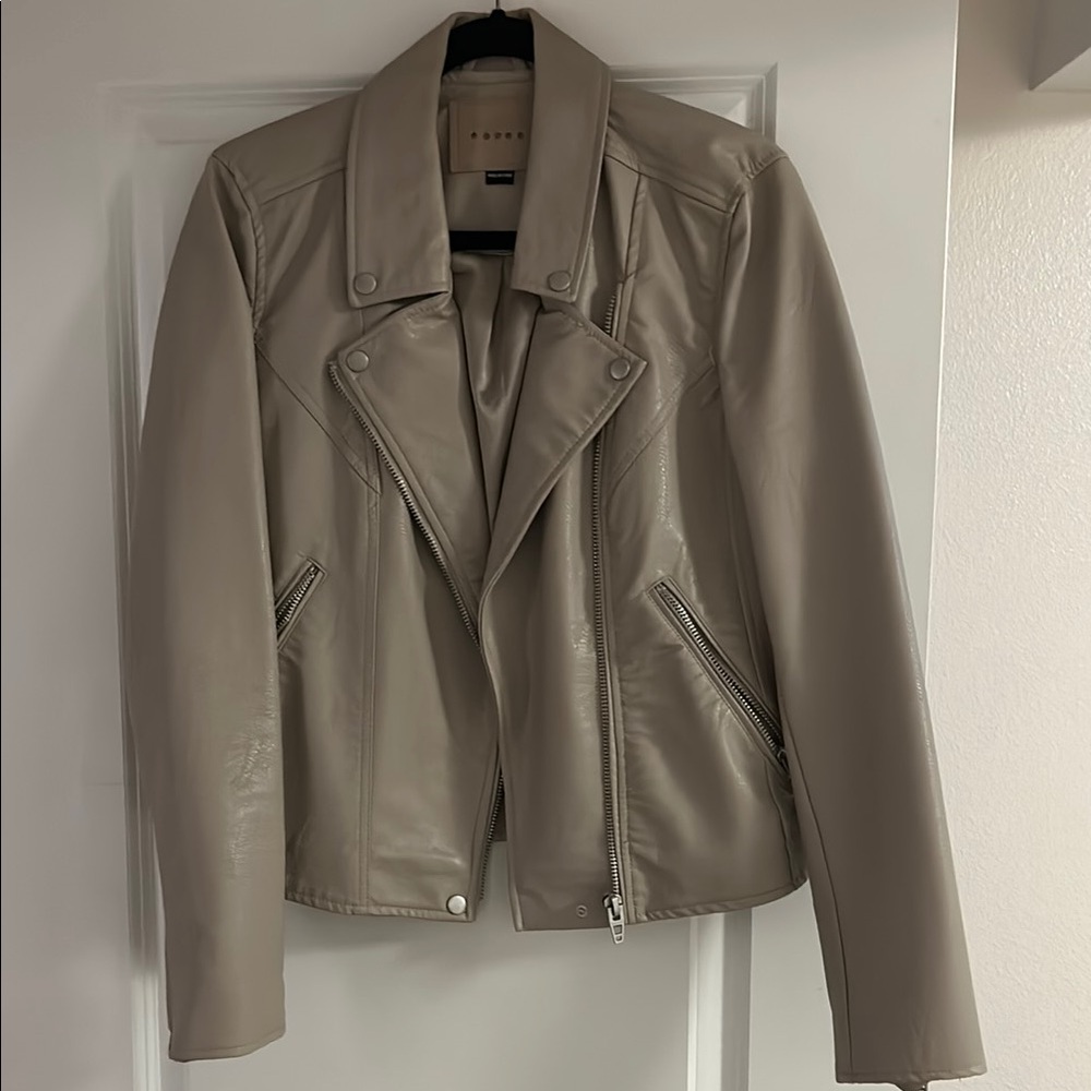 Beige Faux Leather Moto Jacket